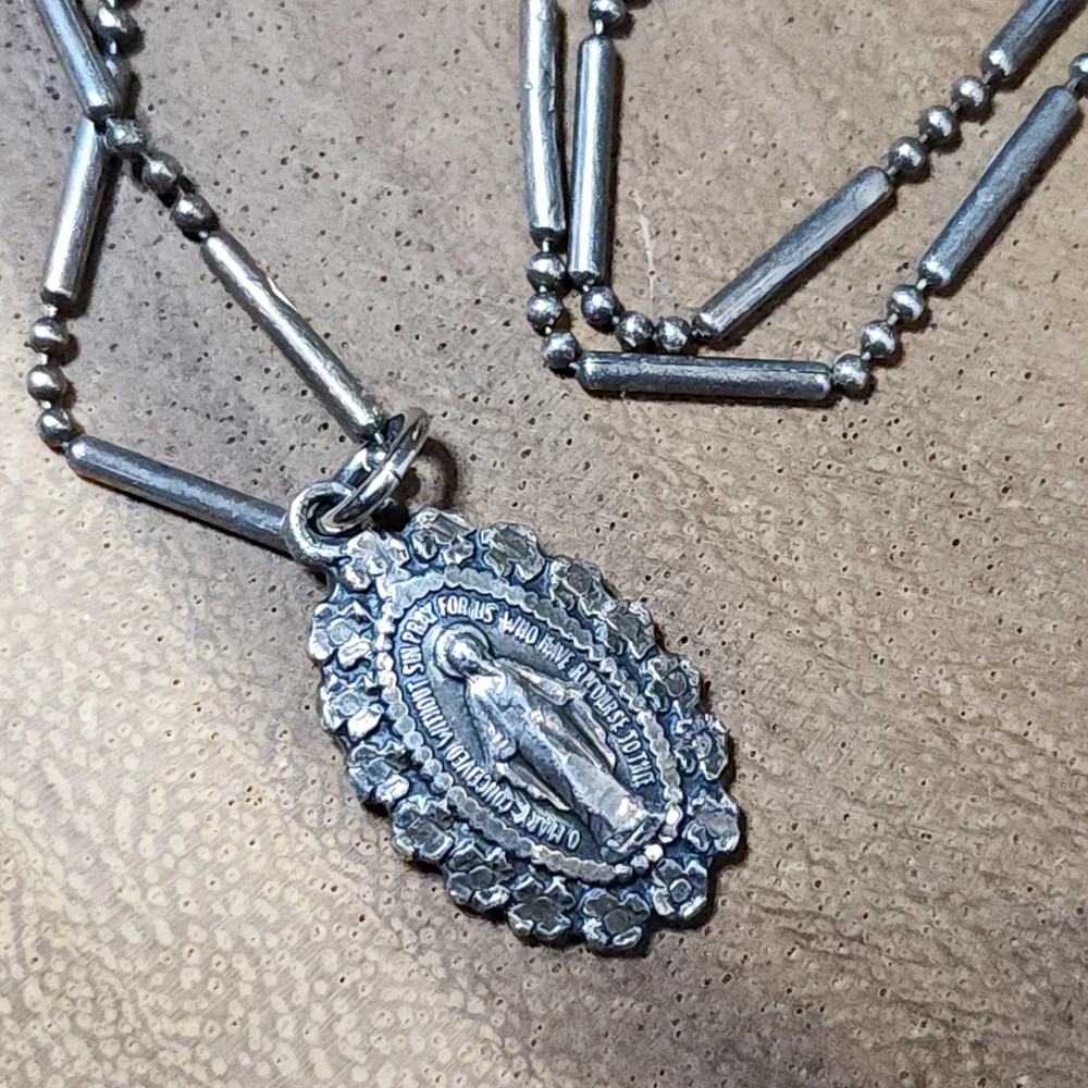 Vtg 925 Italy Silver Pendant Necklace St Mary Conceived Without Sin Pray For Us